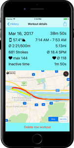 Detailed view of a recorded workout with RowingCoach on the iPhone.